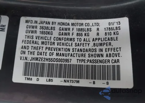 2013 Honda Insight Lx from USA, damaged, VIN JHMZE2H55DS003957